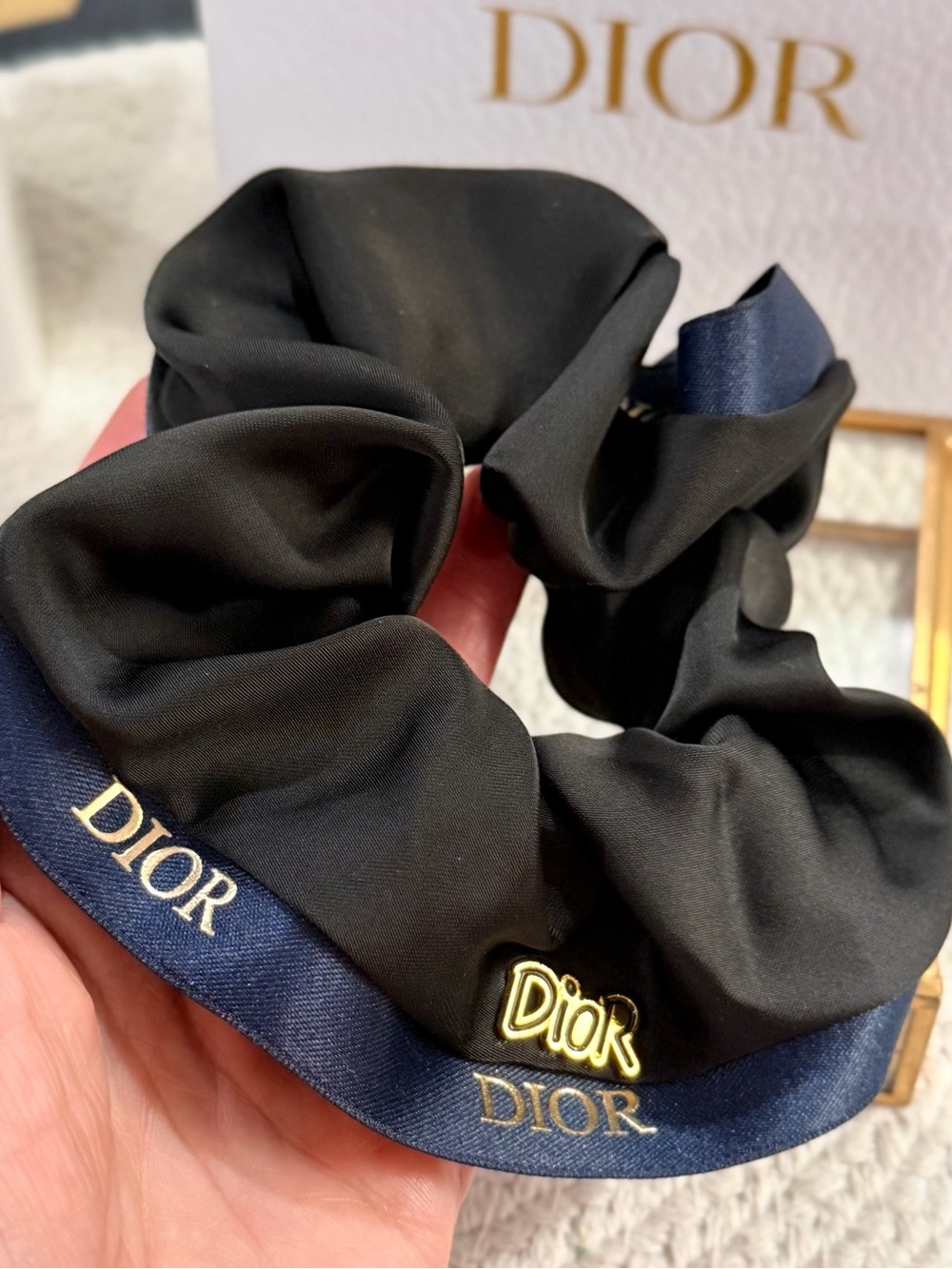 Black Satin Beaute Scrunchie Navy Logo Hair Tie | NEW